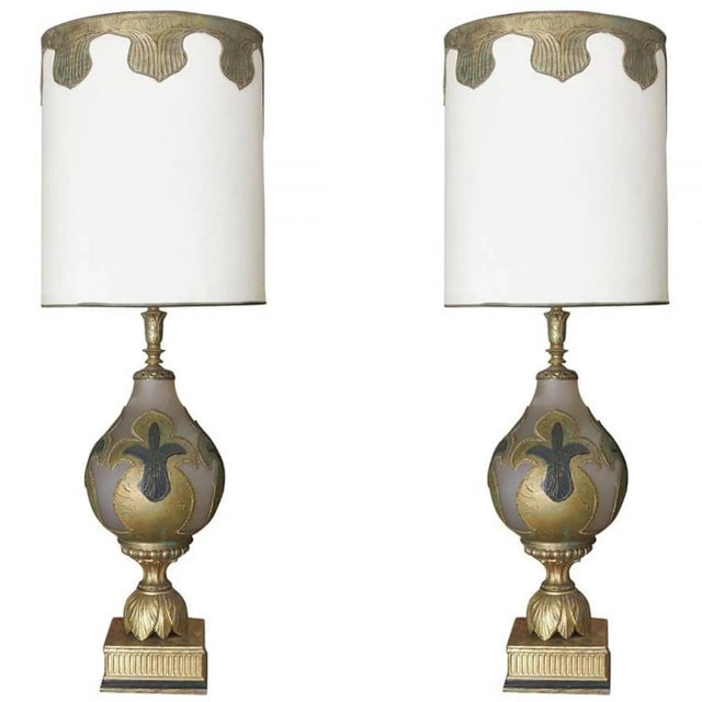 Hand Painted Impasto Frosted Glass Mid-Century Table Lamp With Shade - a Pair - 10