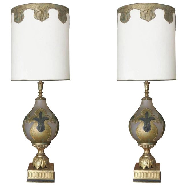 Hand Painted Impasto Frosted Glass Mid-Century Table Lamp With Shade - a Pair (1 of 10)