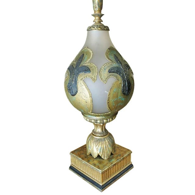 Hand Painted Impasto Frosted Glass Mid-Century Table Lamp With Shade - a Pair - 3