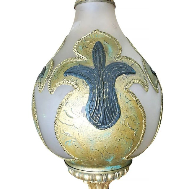 Hand Painted Impasto Frosted Glass Mid-Century Table Lamp With Shade - a Pair - 5