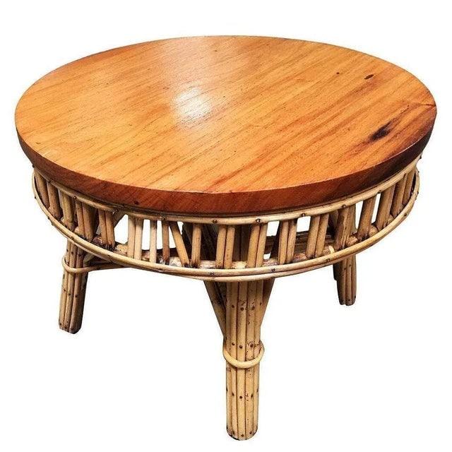 1950s Restored Round Stick Rattan Coffee Table with Mahogany Top - 3