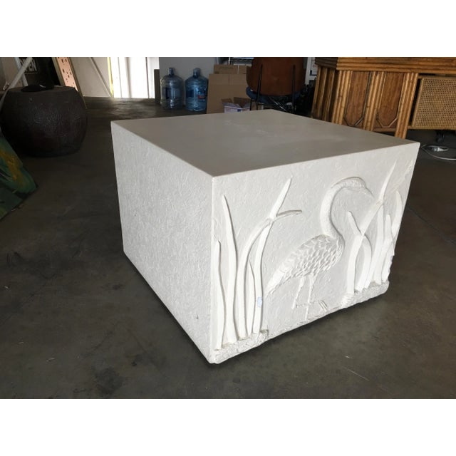 Large White Cube Pedestal Side Tables W/ Crane Relief, Pair 1980s - 2