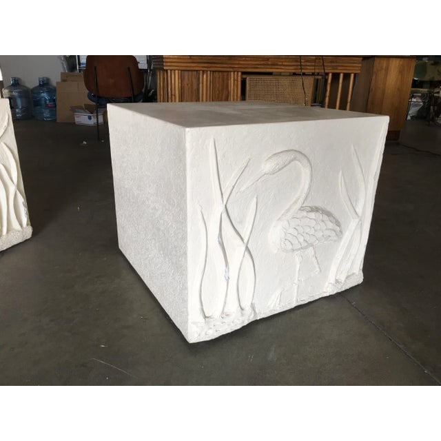 Large White Cube Pedestal Side Tables W/ Crane Relief, Pair 1980s - 6