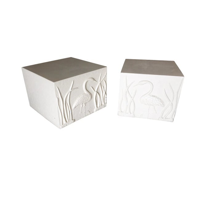 Large White Cube Pedestal Side Tables W/ Crane Relief, Pair 1980s - 9