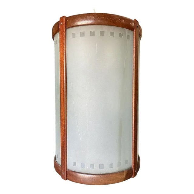 Mid-Century Nakashima Style Teak Cylinder Pendant W/ Frosted Shade, 3 Available (1 of 11)