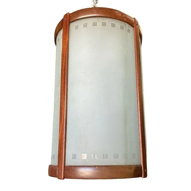 Mid-Century Nakashima Style Teak Cylinder Pendant W/ Frosted Shade, 3 Available - 2