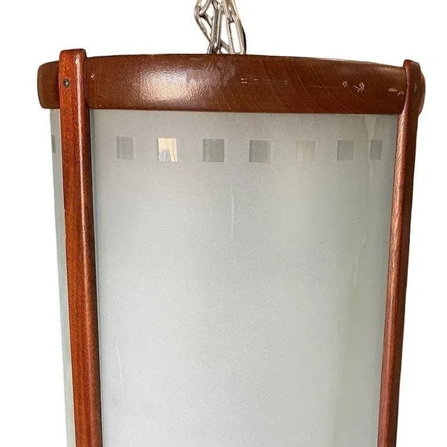 Mid-Century Nakashima Style Teak Cylinder Pendant W/ Frosted Shade, 3 Available - 4