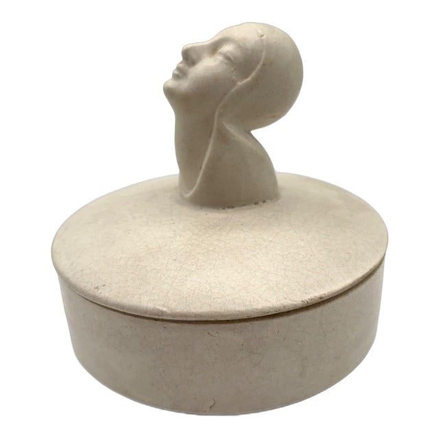 Mid 20th Century Gray Earthenware Ceramic Vanity Powder Box W/ Female Bust Handle (1 of 8)