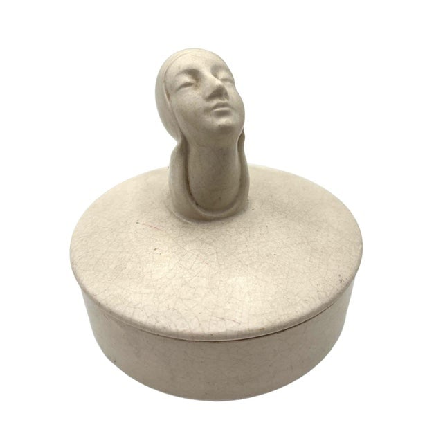 Mid 20th Century Gray Earthenware Ceramic Vanity Powder Box W/ Female Bust Handle - 2