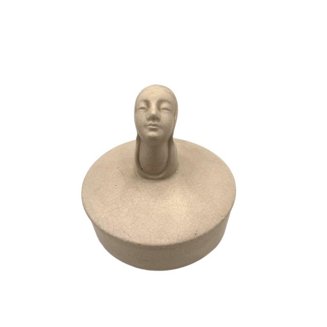 Mid 20th Century Gray Earthenware Ceramic Vanity Powder Box W/ Female Bust Handle - 3