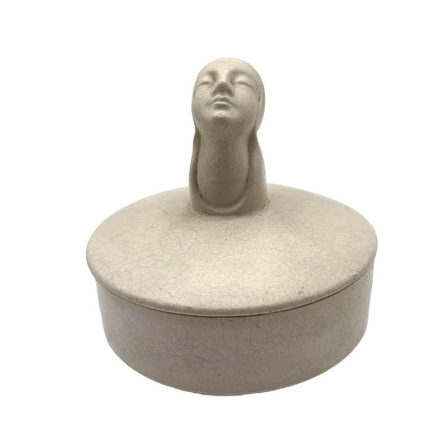 Mid 20th Century Gray Earthenware Ceramic Vanity Powder Box W/ Female Bust Handle - 4