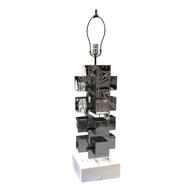 1970s Brutalist Chrome Interlaced Column Sculpture Table Lamp by Curtis Jere, Unsigned (1 of 8)