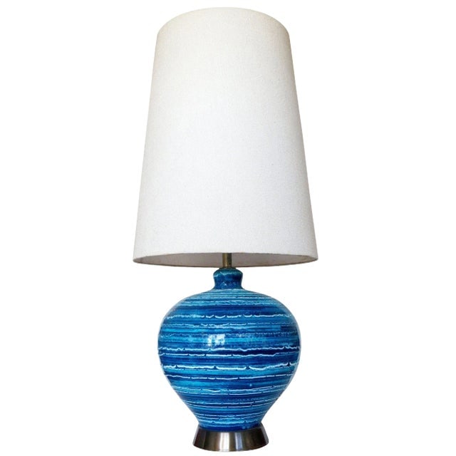 Mid-Century Variegated Blue Striped Glaze Ceramic Lamp (1 of 5)