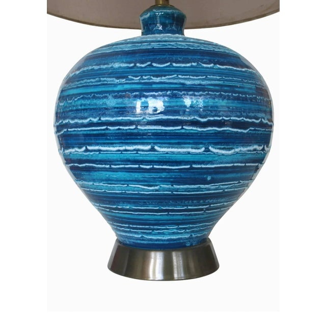 Mid-Century Variegated Blue Striped Glaze Ceramic Lamp - 3