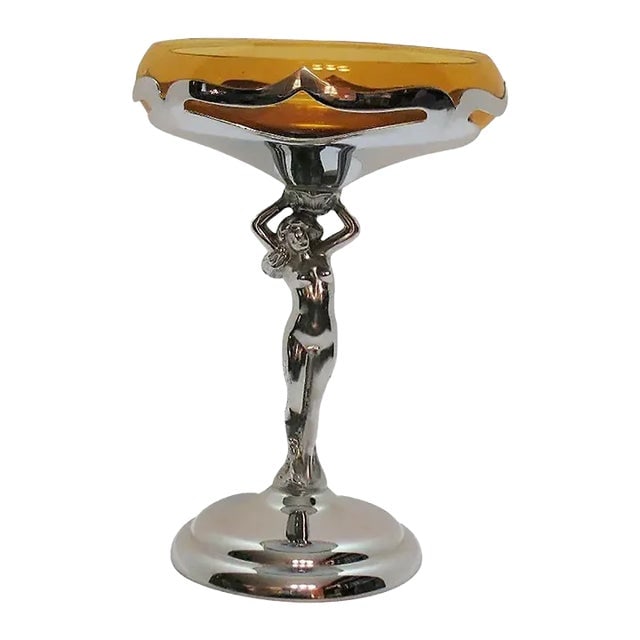 1930s Chrome Farberware Figure Women Art Deco Compote with Amber Glass Cup (1 of 11)