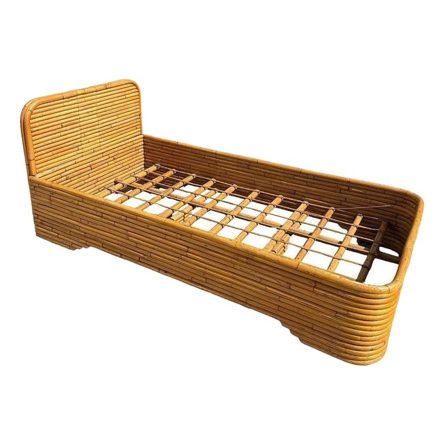 Restored Art Deco 15-Strand Stacked Rattan Bed Twin Bed Frame Headboard, 2 Available (1 of 9)