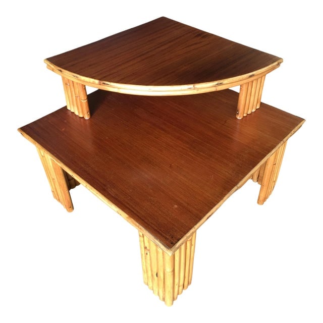Restored Vintage Rattan Corner Side Table With Removable Mahogany Second Tier: Title: Restored Vintage Rattan Corner Side Table With Removable Mahogany Second Tier Description: Fully restored blonde rattan corner side table with two-tier mahogany tops and poll rattan legs. The s