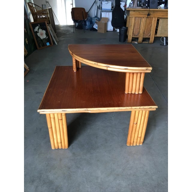 Restored Vintage Rattan Corner Side Table With Removable Mahogany Second Tier - 3
