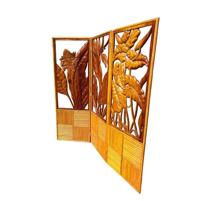 1940s 3 Panel Mid-Century Carved Koa Wood & Stacked Rattan Folding Screen - 2
