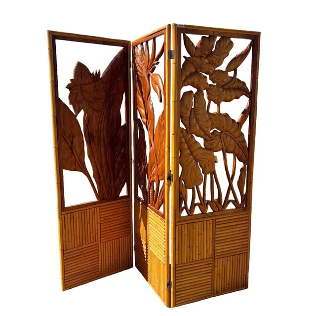 1940s 3 Panel Mid-Century Carved Koa Wood & Stacked Rattan Folding Screen - 3