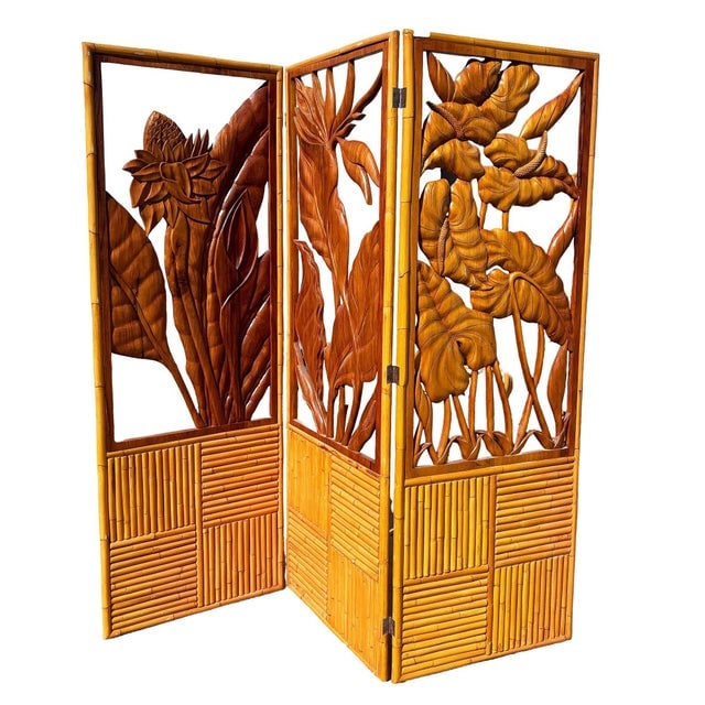 1940s 3 Panel Mid-Century Carved Koa Wood & Stacked Rattan Folding Screen - 4