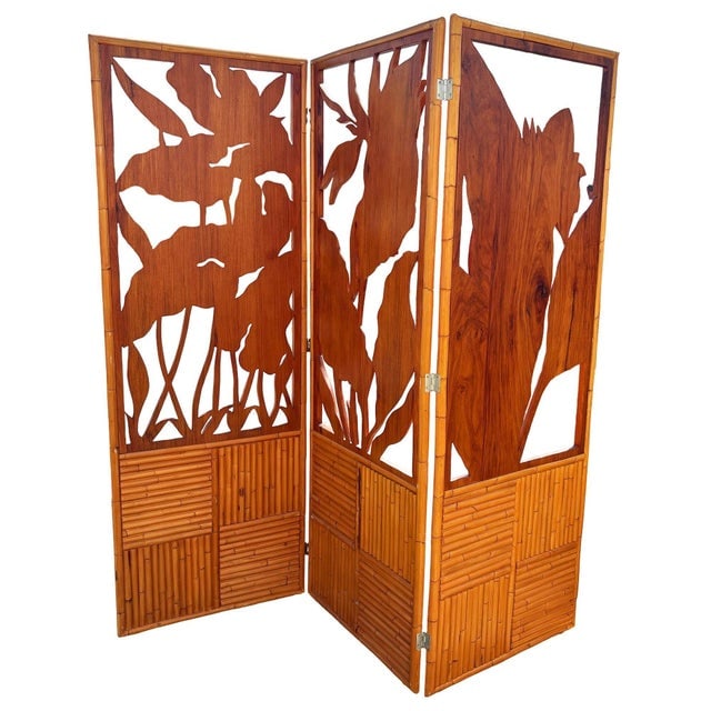 1940s 3 Panel Mid-Century Carved Koa Wood & Stacked Rattan Folding Screen - 7