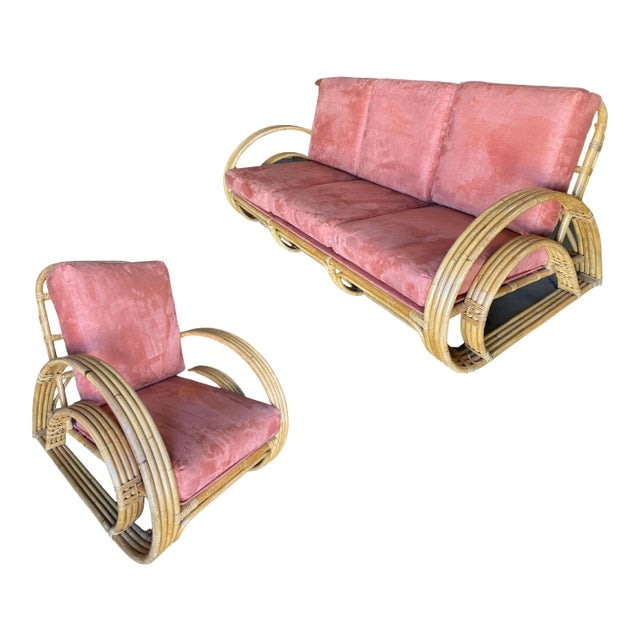 Restored "Double Tear Drop Arm" Rattan Lounge Chair & Sofa by Tochiku, 2 Pieces (1 of 13)