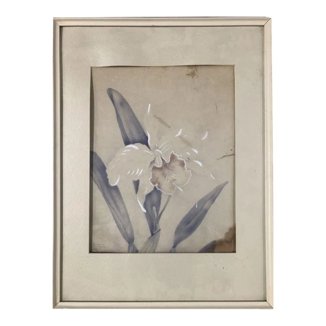 1940s Post War White Orchid Airbrush Painting on Paper by Tip Freeman, Framed (1 of 4)
