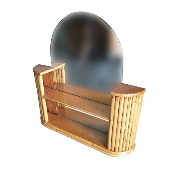 1950s Restored Post War Rattan Vanity Table Console Mirror With Shelf - 2