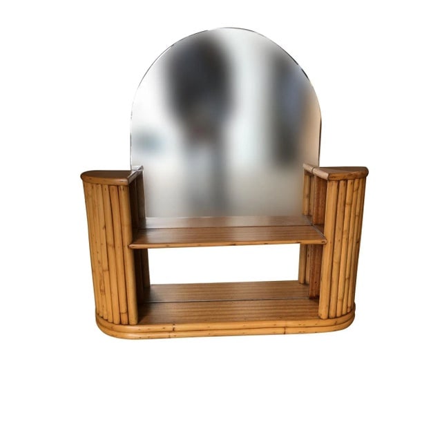 1950s Restored Post War Rattan Vanity Table Console Mirror With Shelf - 3