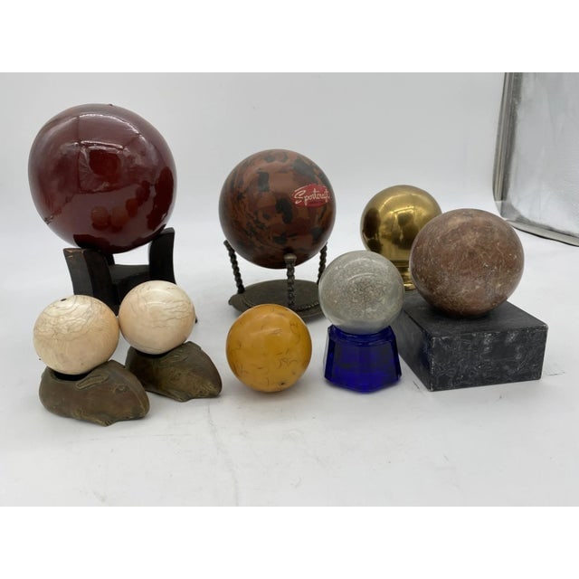 Vintage Marble, Brass, Resin, Glass Spheres With Stands Collection- 8 Pieces - 12