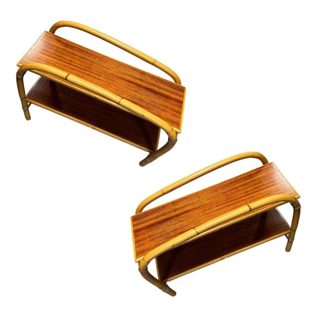 Rattan & Mahogany Double Arch "Tropitan" 2-Tier Side Table by Ritts, Pair (1 of 8)
