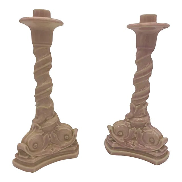 Pair of Rookwood Pottery Candlestick Holders Light Pink Dolphin 1919 (1 of 7)