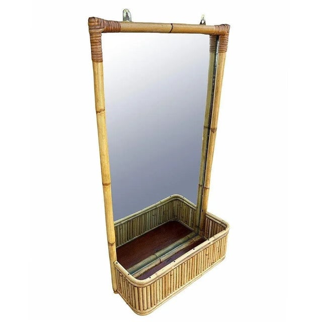 1950s Restored Mid-Century Stacked Rattan & Wicker Wall Mirror With Shelf/Planter - 2