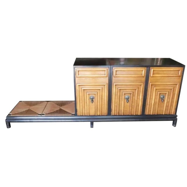 Renzo Rutili Storage Cabinet with Bench for Johnson Furniture: Title: Renzo Rutili Storage Cabinet with Bench for Johnson Furniture Description: Renzo Rutili for Johnson Furniture Company chest with bench, circa late 1950s. This Asian influenced example has bleac