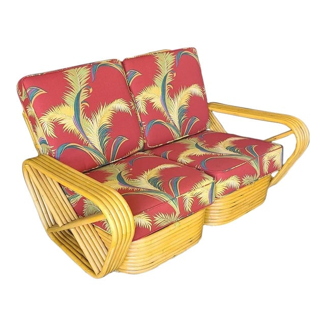 1950s Restored 5-Strand Square Pretzel Rattan Settee With Barkcloth Cushions: Title: 1950s Restored 5-Strand Square Pretzel Rattan Settee With Barkcloth Cushions Description: Designed in the manner of Paul Frankl this Five-strand rattan sectional setee features square pretzel a