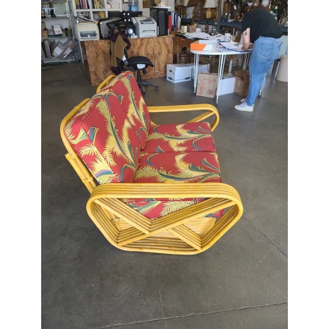 1950s Restored 5-Strand Square Pretzel Rattan Settee With Barkcloth Cushions - 2