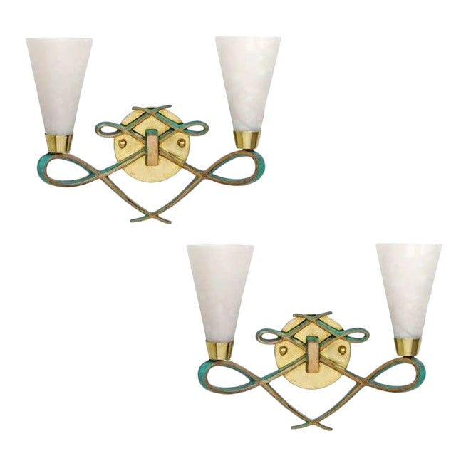Bronze Sconce With Alabaster Shades in a Jules Leleu Style, Pair (1 of 5)