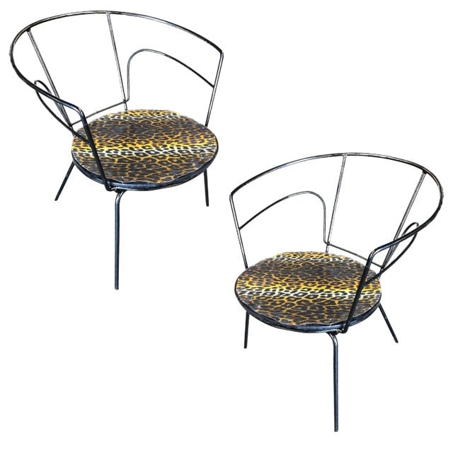 Atomic Age Iron Wire Side Armchair W/ Leopard Print Seat, Pair (1 of 7)
