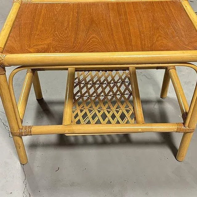 1960s Restored Mid-Century 2 Tier Rattan & Wicker Coffee Cocktail Table W Mahogany Top - 10