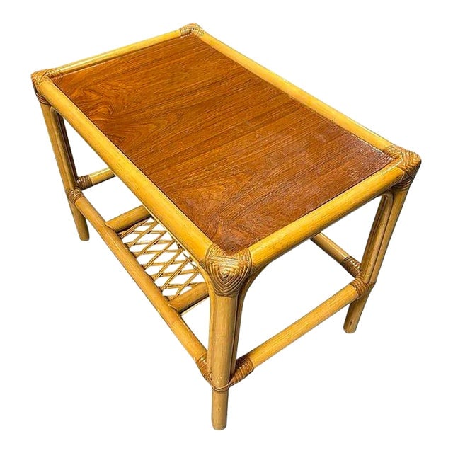1960s Restored Mid-Century 2 Tier Rattan & Wicker Coffee Cocktail Table W Mahogany Top (1 of 10)