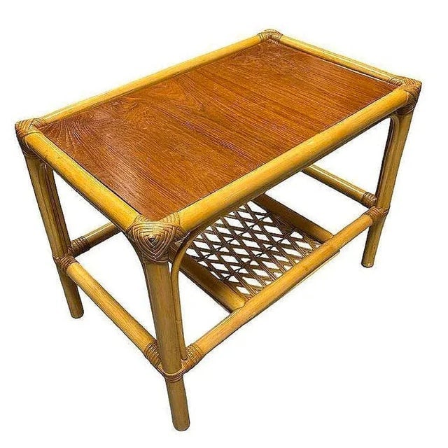 1960s Restored Mid-Century 2 Tier Rattan & Wicker Coffee Cocktail Table W Mahogany Top - 3