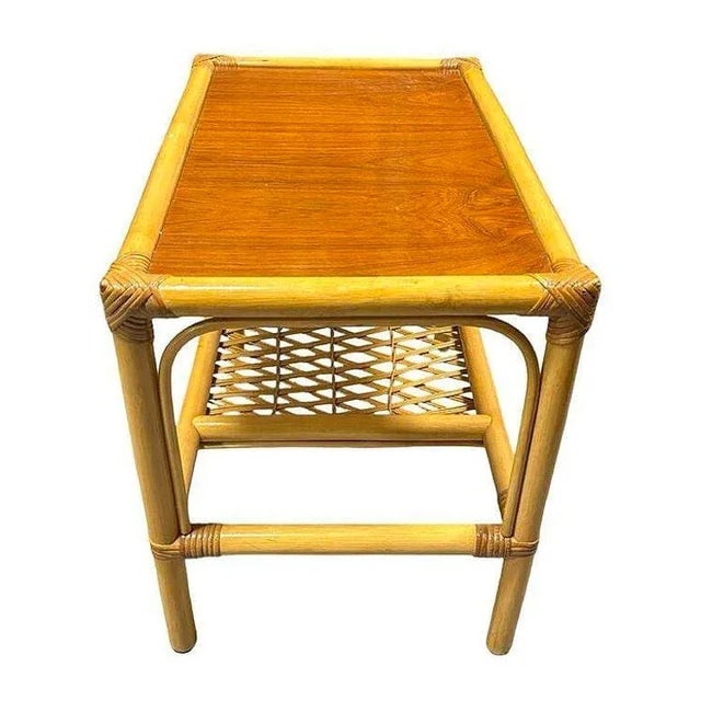 1960s Restored Mid-Century 2 Tier Rattan & Wicker Coffee Cocktail Table W Mahogany Top - 4