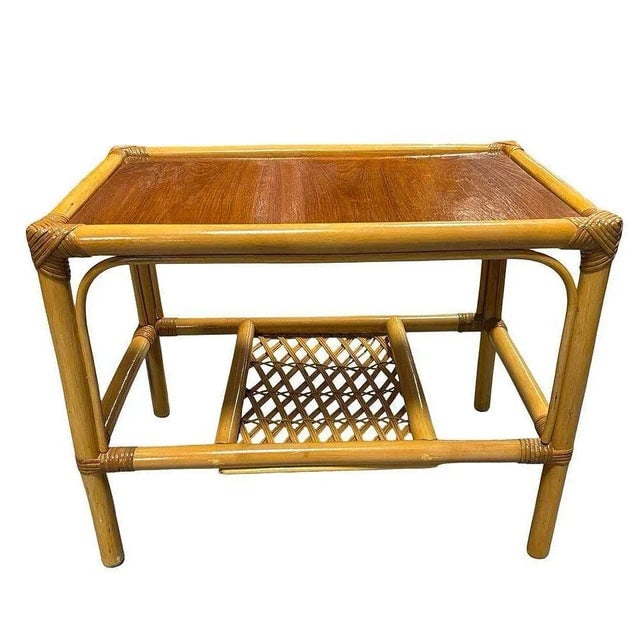 1960s Restored Mid-Century 2 Tier Rattan & Wicker Coffee Cocktail Table W Mahogany Top - 5