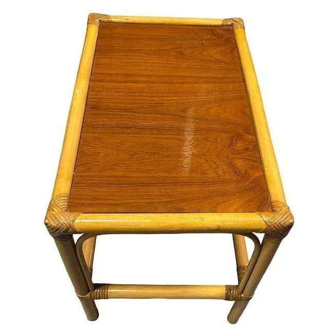 1960s Restored Mid-Century 2 Tier Rattan & Wicker Coffee Cocktail Table W Mahogany Top - 6