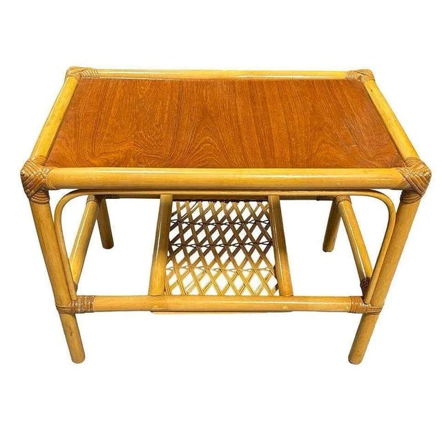 1960s Restored Mid-Century 2 Tier Rattan & Wicker Coffee Cocktail Table W Mahogany Top - 7
