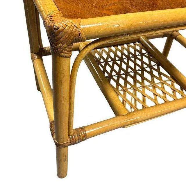 1960s Restored Mid-Century 2 Tier Rattan & Wicker Coffee Cocktail Table W Mahogany Top - 8