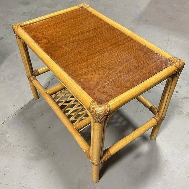 1960s Restored Mid-Century 2 Tier Rattan & Wicker Coffee Cocktail Table W Mahogany Top - 9