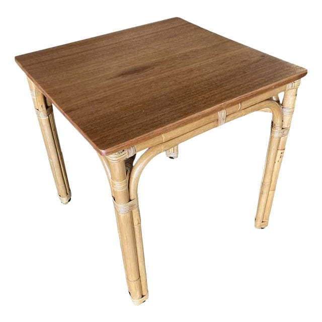 1950s Restored Mid-Century 3-Strand "Arch" Base Rattan Games Table W/ Mahogany Top (1 of 6)