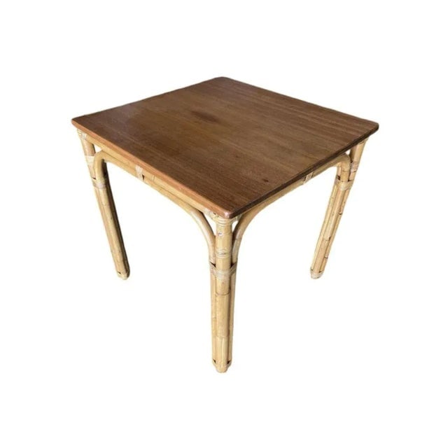 1950s Restored Mid-Century 3-Strand "Arch" Base Rattan Games Table W/ Mahogany Top - 3